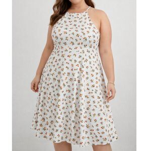 Myth 2X Floral Fit Flare Dress Sleeveless White Plus Size Cottagecore